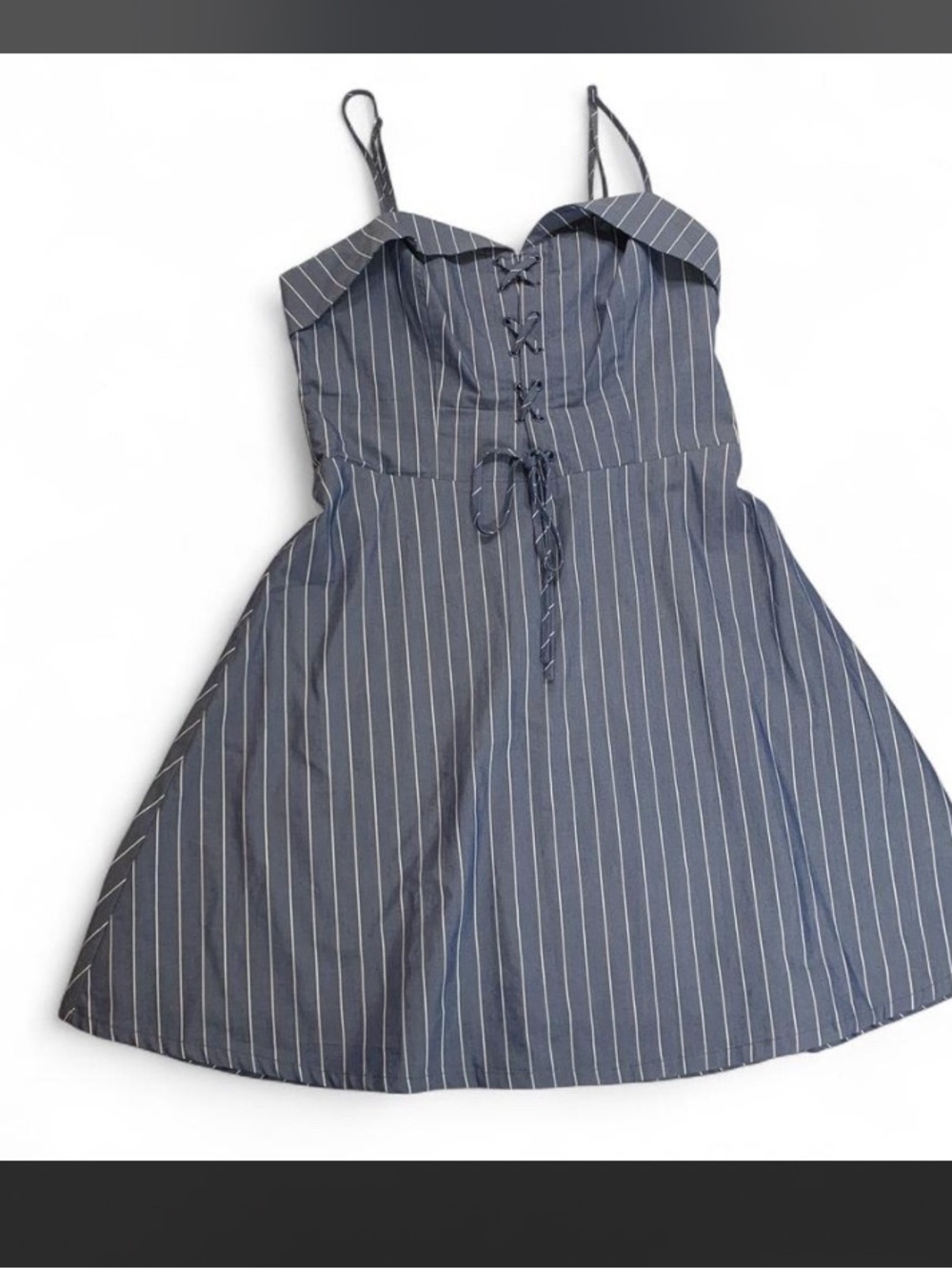 Dynamite Pinstripe Mini Dress S Blue White Lace Up Bustier Fold Over Sweetheart